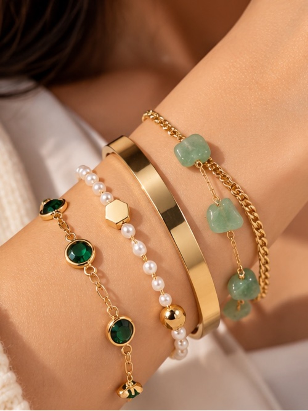 Gold and Green Multi-Strand Bracelet Set - Women Jewelry